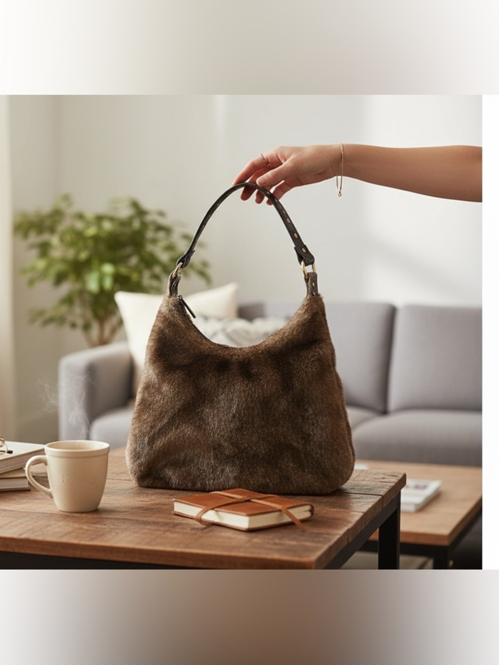 Vtg Tianni‎ Brown Faux Fur Shoulder Bag Leather Studded Festival Wilderkind